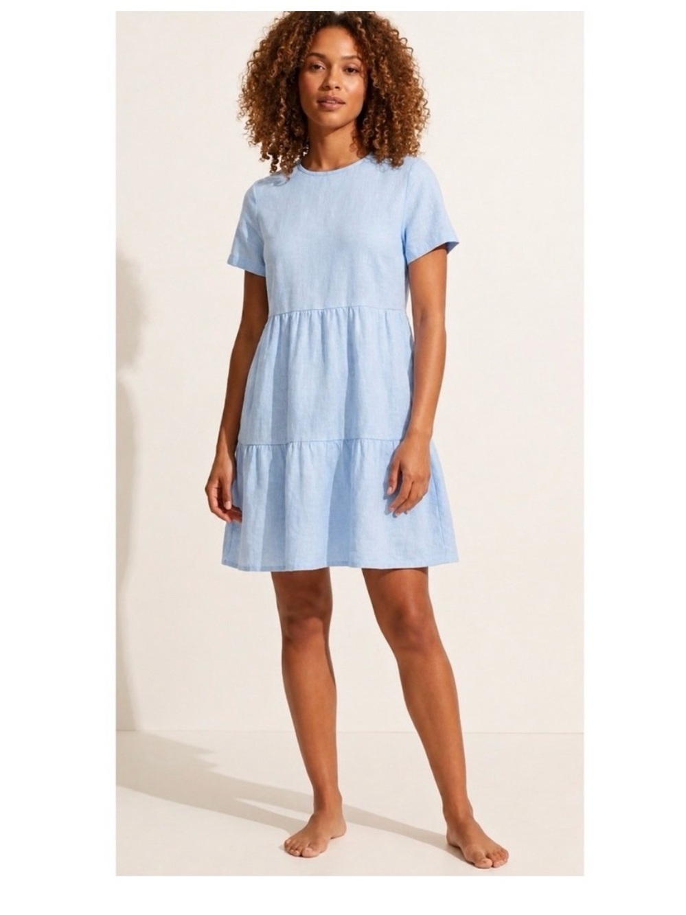 Alice Walk Light Blue linen Tiered Short Dress